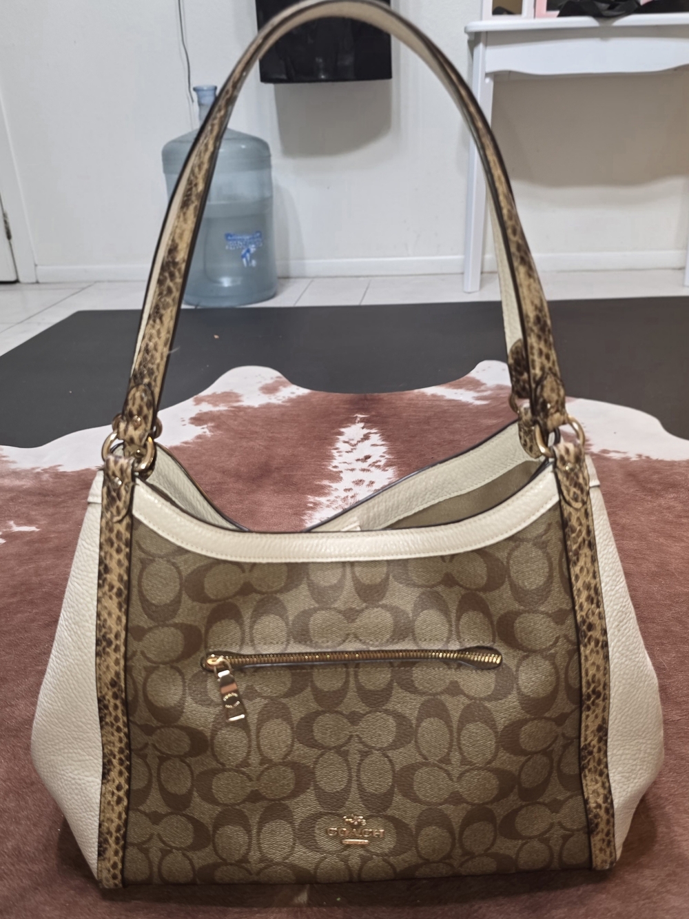 Coach Brown Signature Canvas Shoulder Bag with Cream Panels and Leopard Trim